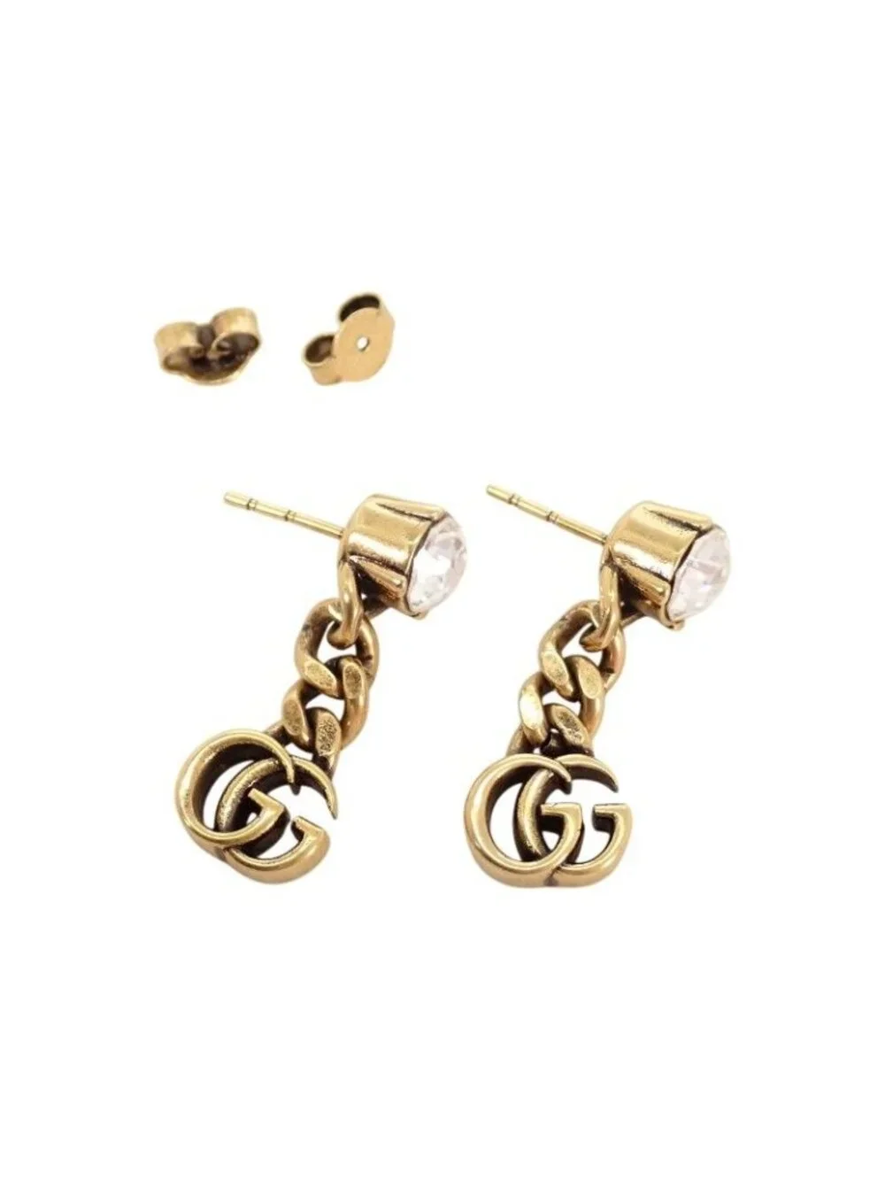 Gucci Crystal Double Earrings Metal Aging Gold